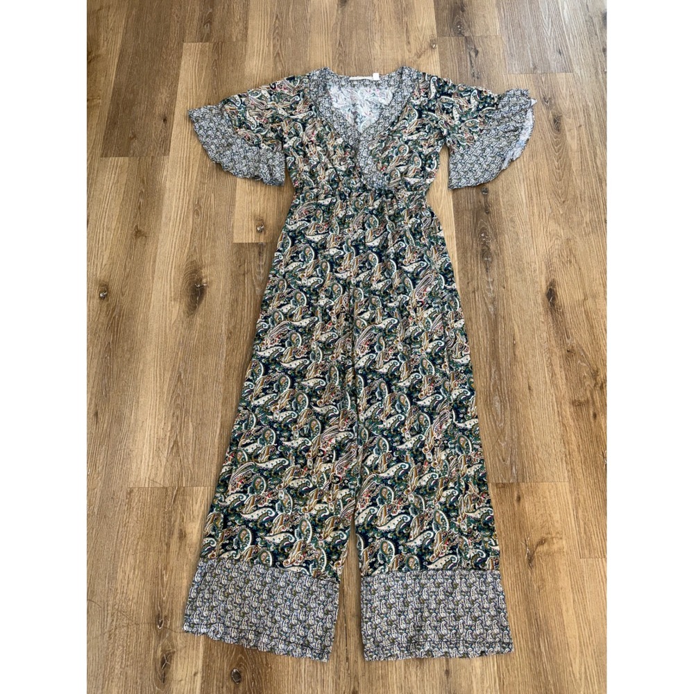 Chelsea & Violet Jumpsuit Womens S Green Paisley Ruffle Wide Leg Boho Festival